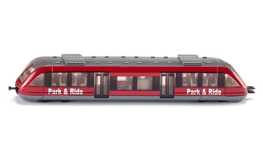 red and grey city train on a white background