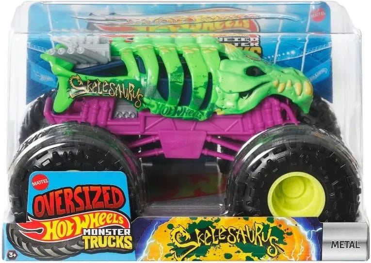Hot Wheels Oversized Monster Trucks toy in packaging with green dinosaur design