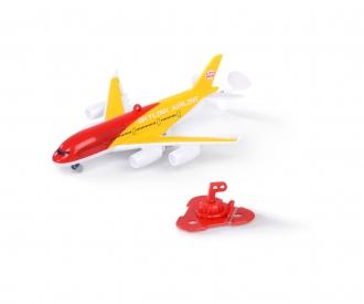 Toy airplane with red body and yellow wings on a white background