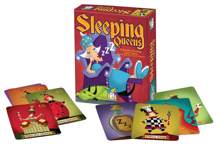 Board game box titled 'Sleeping Queens' with game cards displayed in front.