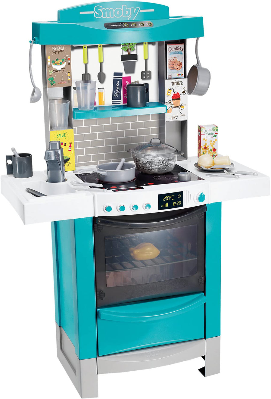 blue smoby kitchen with utensils and accessories on a white background