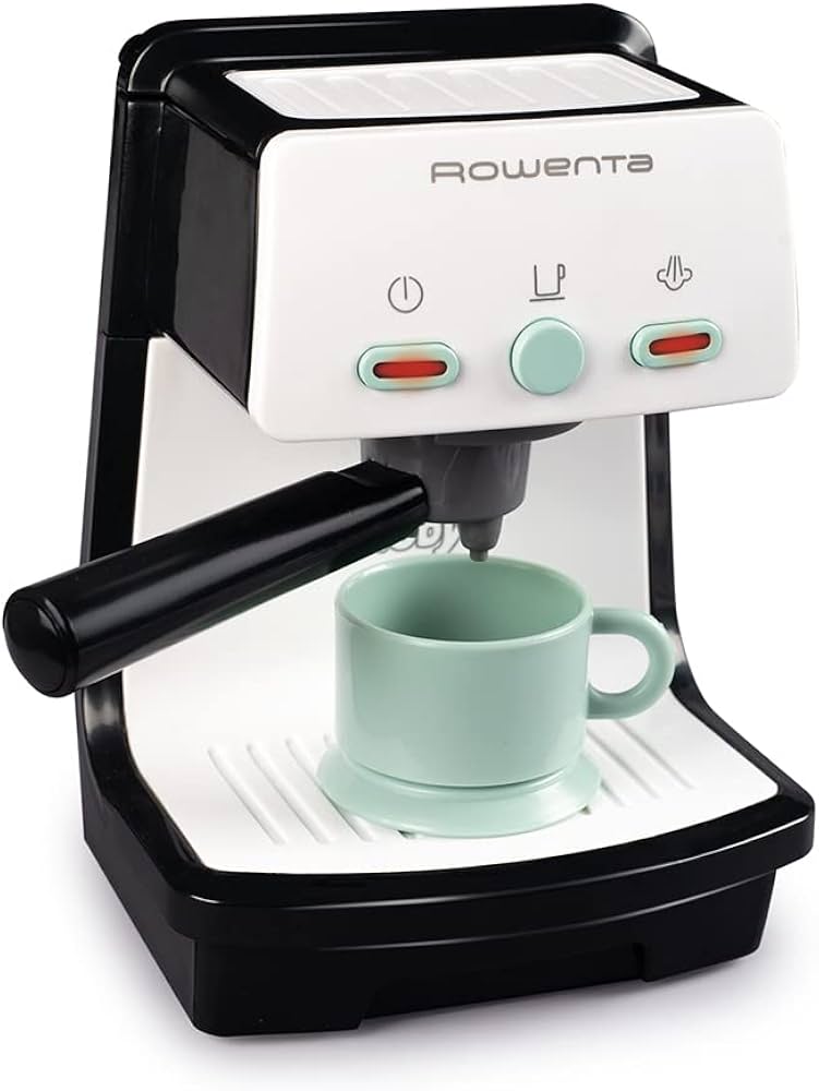 black and white expresso machine with teal buttons and accessories