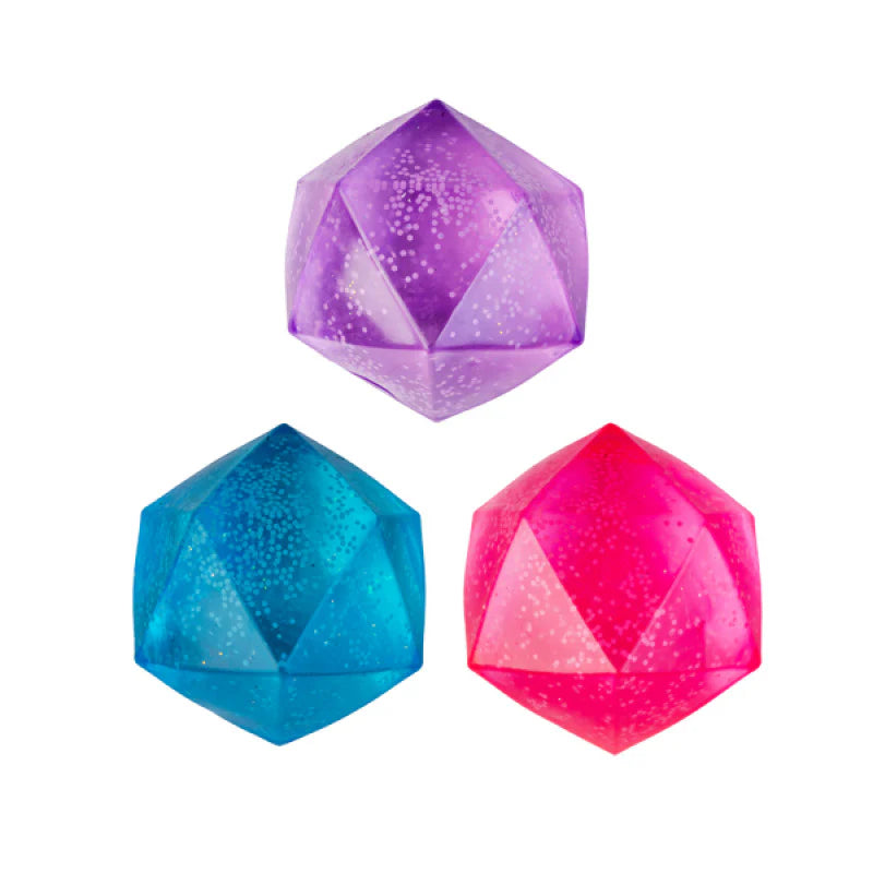 Three polyhedral stress balls in purple, blue, and pink on a white background Smooshos Polyhedron Sensory Jelly Cube Glow in the dark
