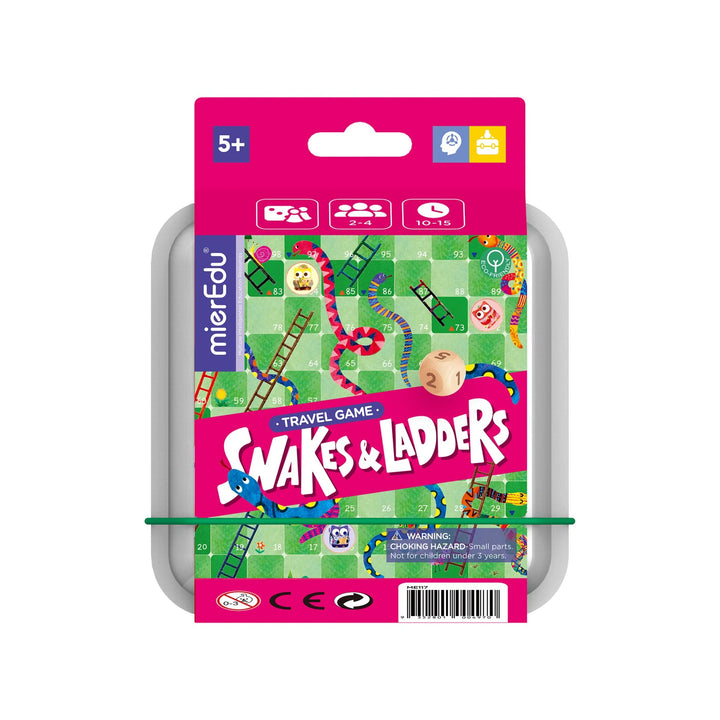 Snakes and Ladders travel game packaging with pink and green design on a white background