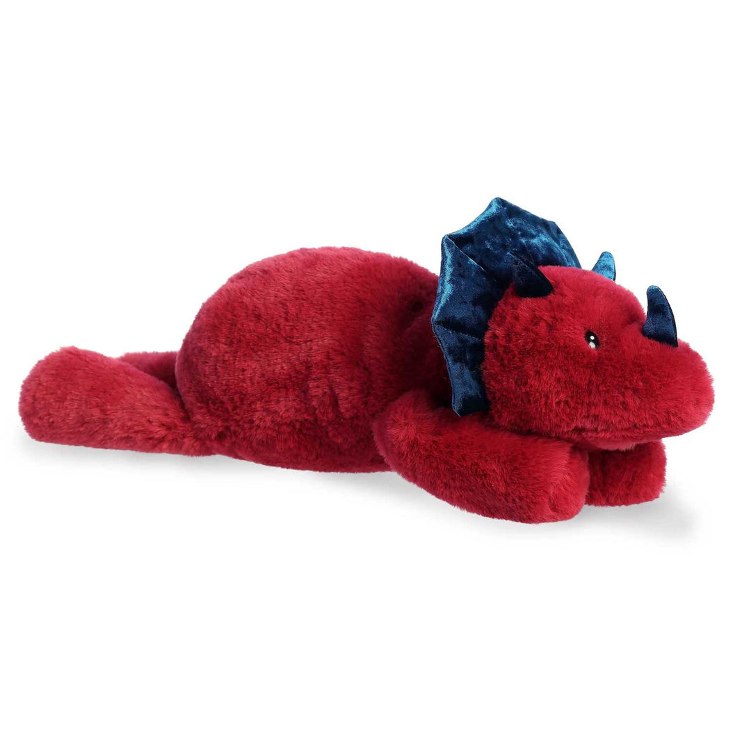 Red plush dragon toy with blue wings on a white background