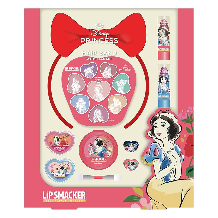 Disney Princess makeup set with lip balm and hair band on a pink background