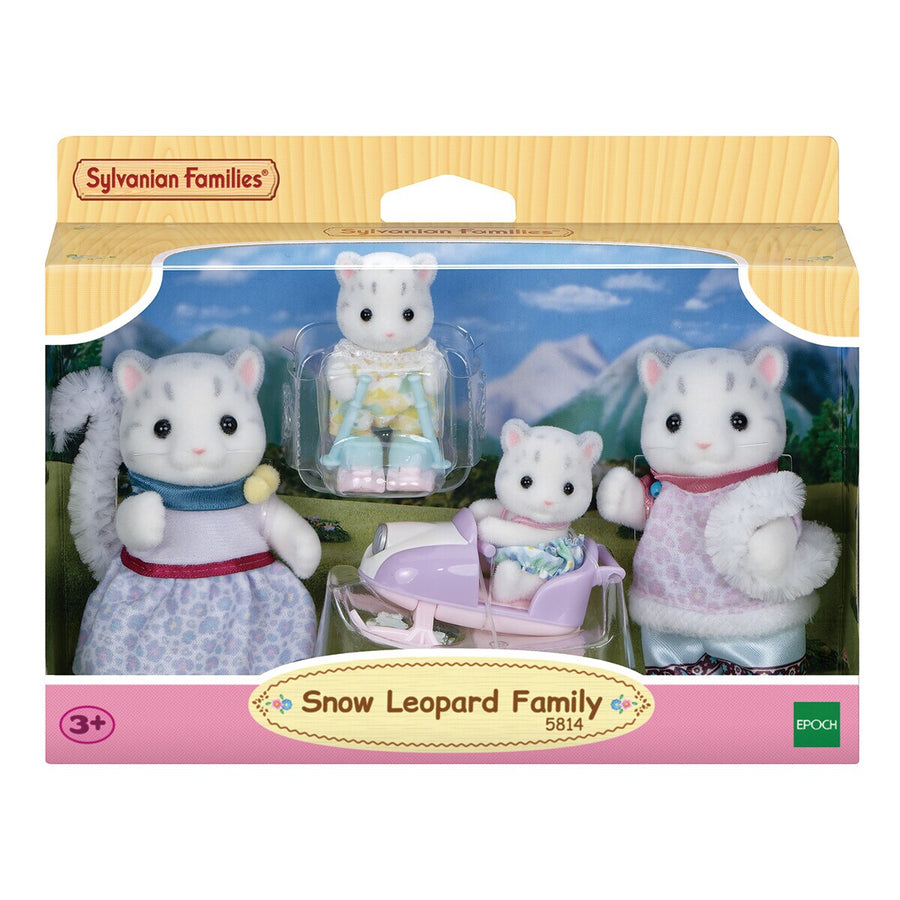 Sylvanian Families Snow Leopard Family set in packaging with mountains in the background