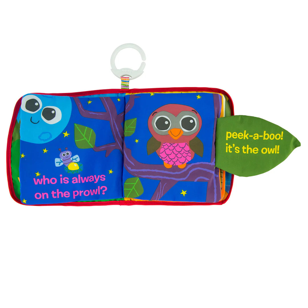 Children's book with owl illustrations and interactive elements on a white background
