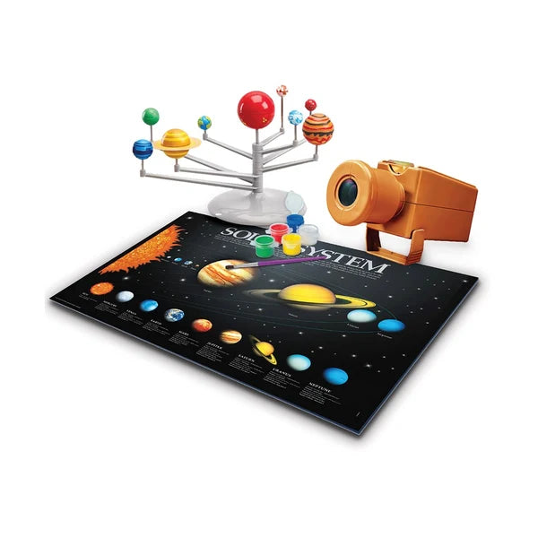 KidzLabs Space Exploration 4M Solar system model kit with planets, a projector, and educational poster on a white background