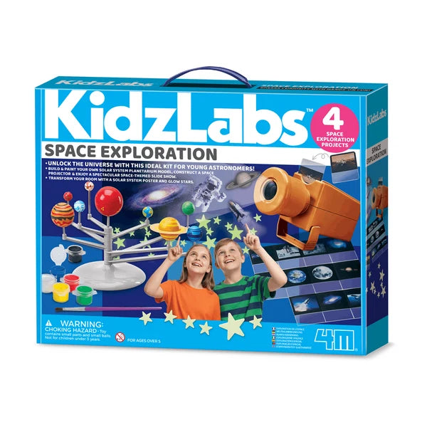 KidzLabs Space Exploration toy kit box by 4M, featuring a blue packaging design with illustrations of space-themed items and children looking through a telescope.