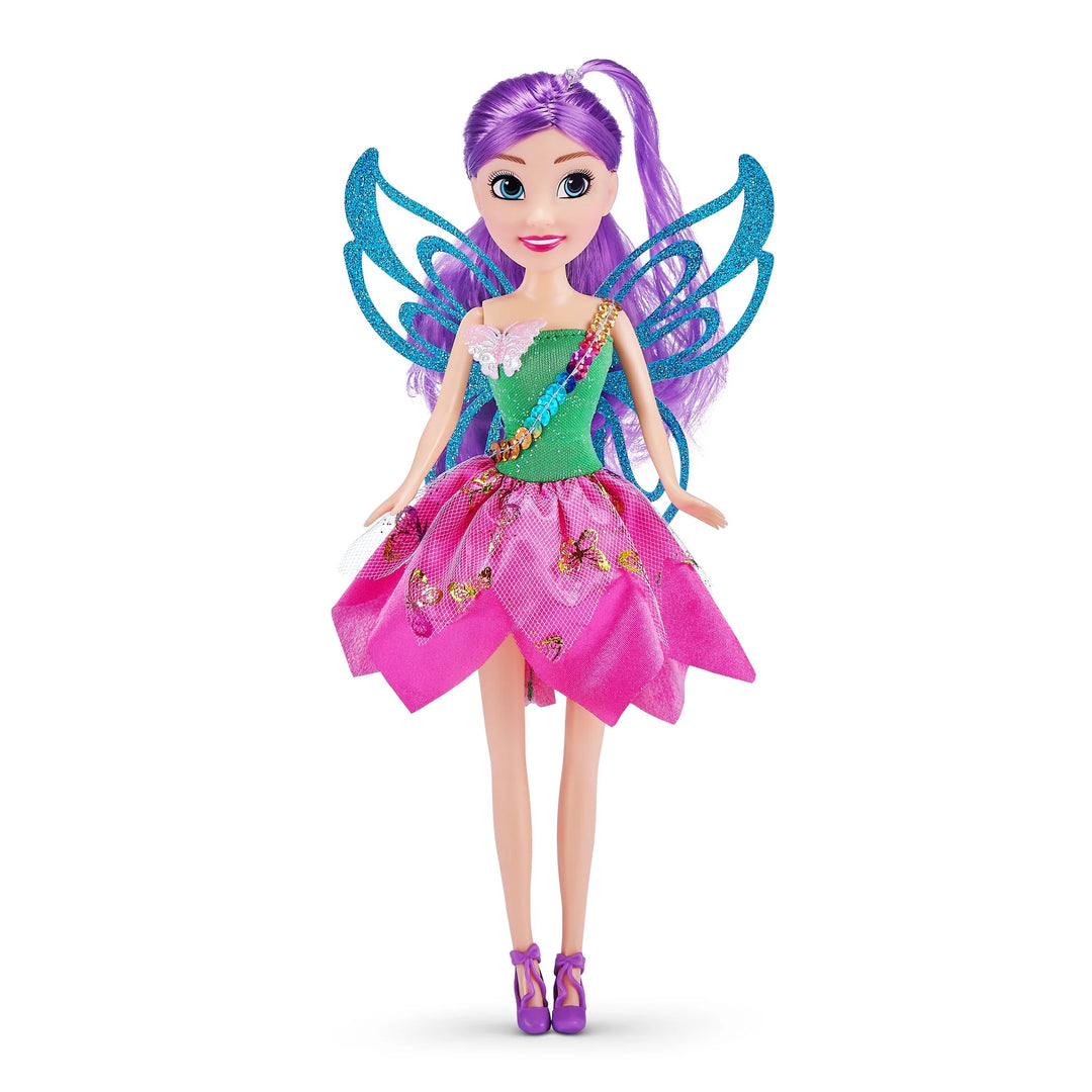 Colorful zuru fairy doll with purple hair and blue wings on a white background