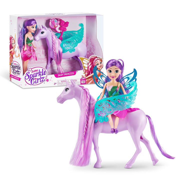 zuru Fairy princess doll with purple hair and teal wings riding a purple unicorn next to its packaging.