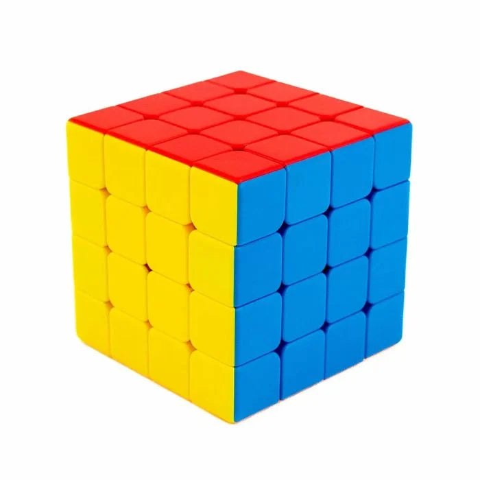 A 4x4 magic cube puzzle toy with red, yellow, and blue faces, shown on a solid white background.