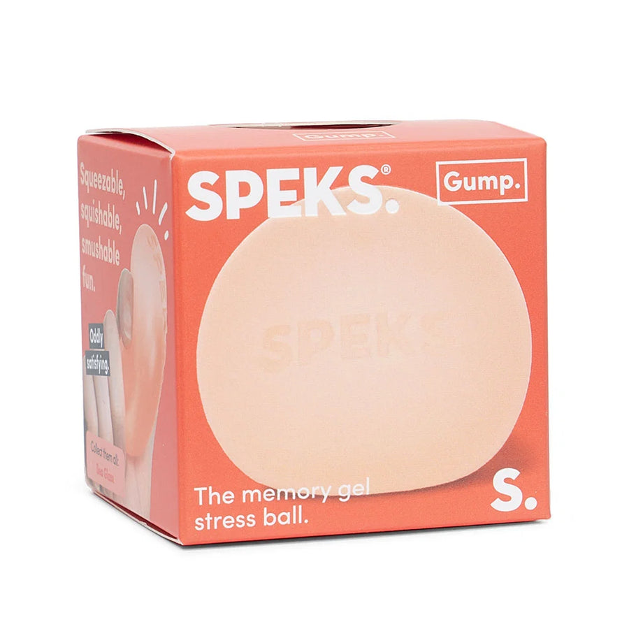 Speks Gump S. memory gel stress ball in its orange retail packaging, showing the peach-colored gel ball through a cutout on the box front.