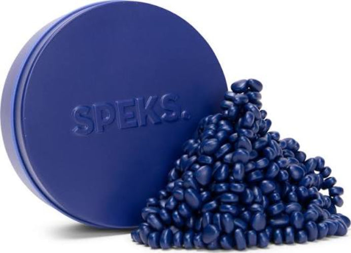 Blue container with 'SPEKS' branding and a pile of blue beads on a white background