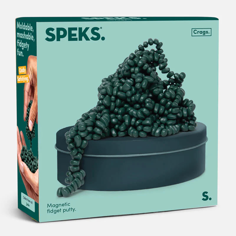 Speks magnetic fidget putty packaging with green putty and blue container on a light blue background