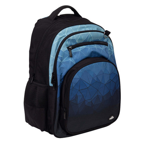 Black and blue geometric-patterned backpack on a white background