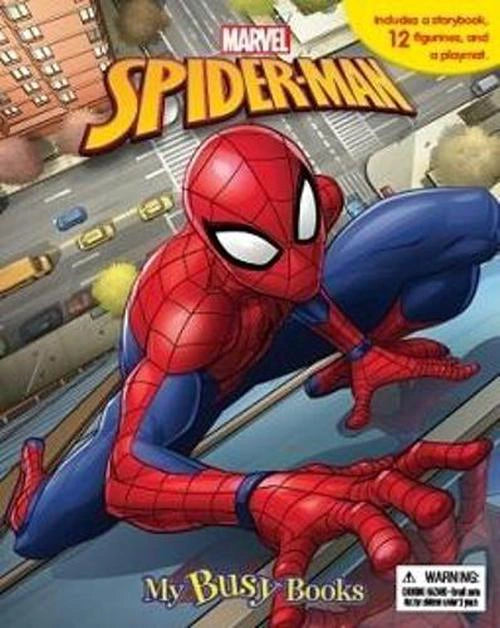 Spider-Man book cover with cityscape background
