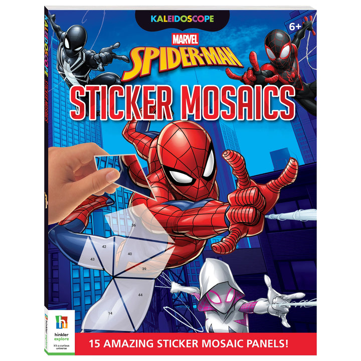 Marvel Spider-Man Sticker Mosaics activity book cover, featuring Spider-Man and other Spider-Man characters on a blue city background, with a hand placing a white mosaic panel in the foreground.
