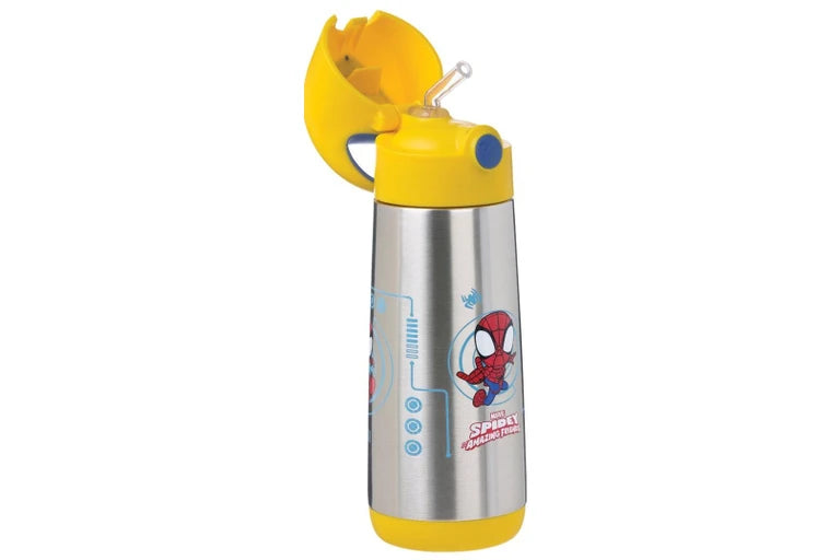 Children's water bottle with yellow lid and Spider-Man design on a white background