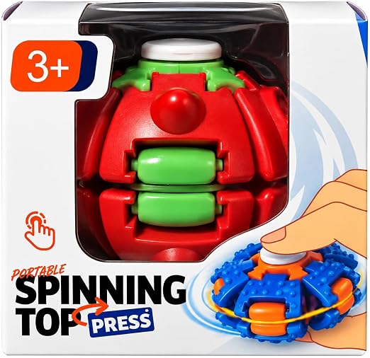 red and green spinning top press in white packaging