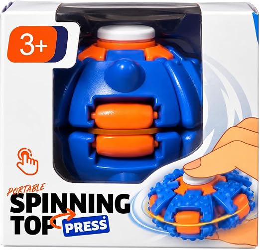 blue and orange spinning top press in white packaging