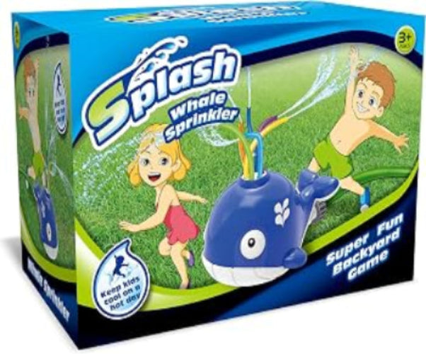 Splash Whale Backward Game toy in its retail packaging, featuring a blue whale-shaped sprinkler and colorful cartoon graphics of children playing on a green lawn.