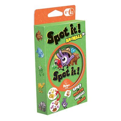 Spot It! Animals Jr. puzzle game box by Palmer, featuring a green front with cartoon animal illustrations and an orange top hanger tab.