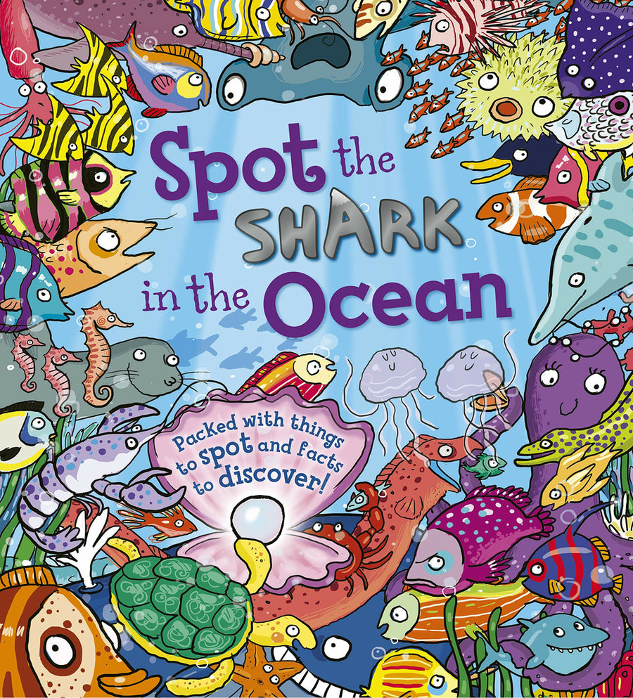 Colorful book cover of 'Spot the Shark in the Ocean' with various sea creatures.