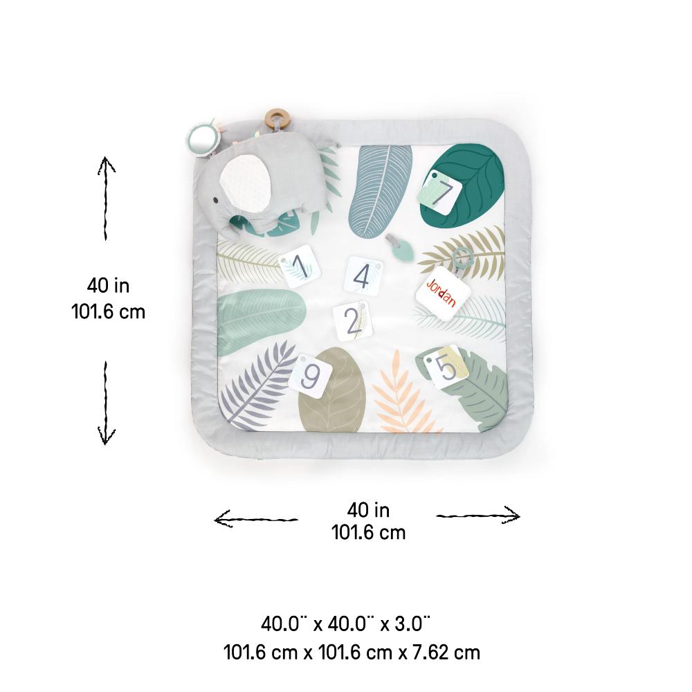 Baby milestone blanket with numbers and leaves, shown with dimensions on a white background