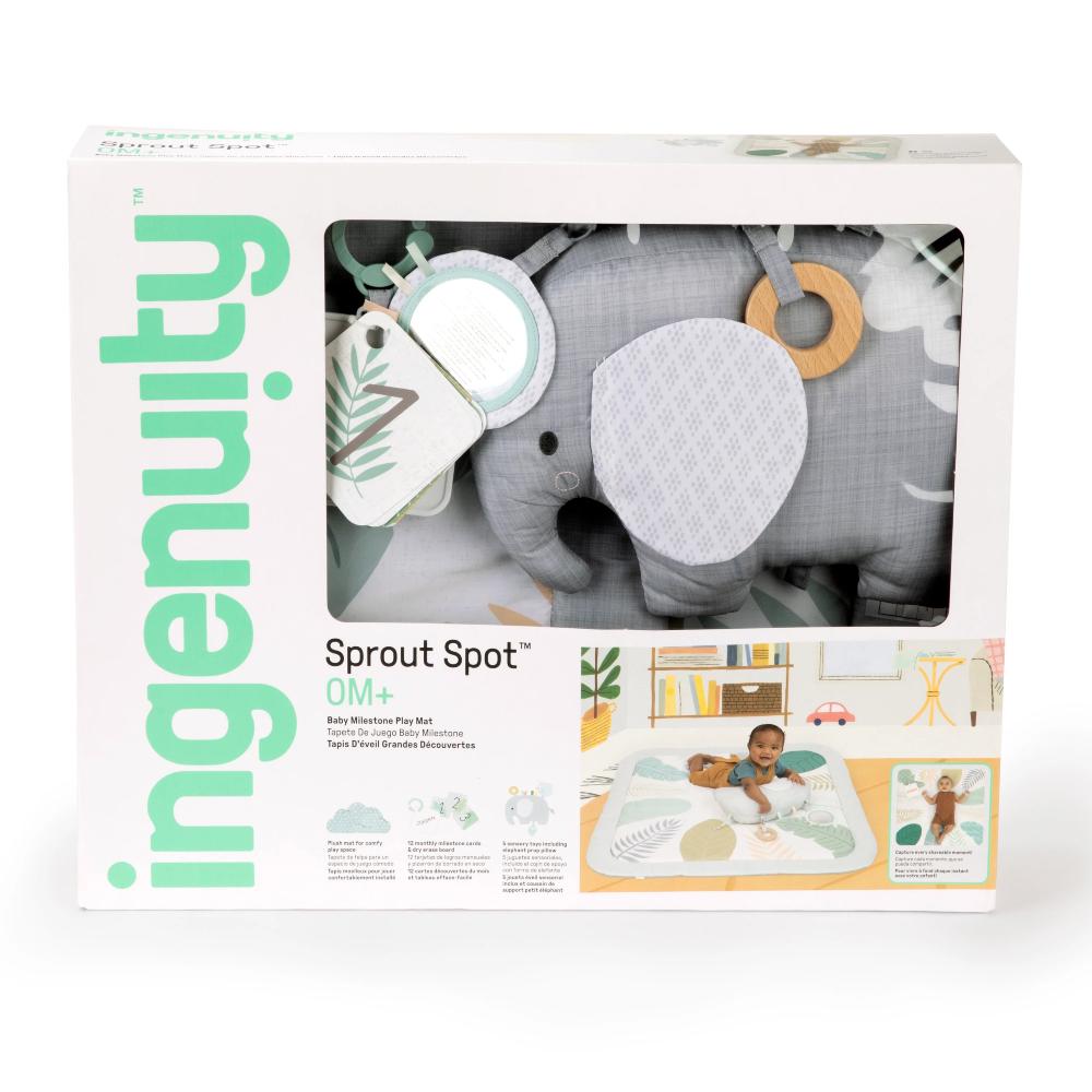Box of Ingenuity Sprout Spot baby product with elephant toy on a white background