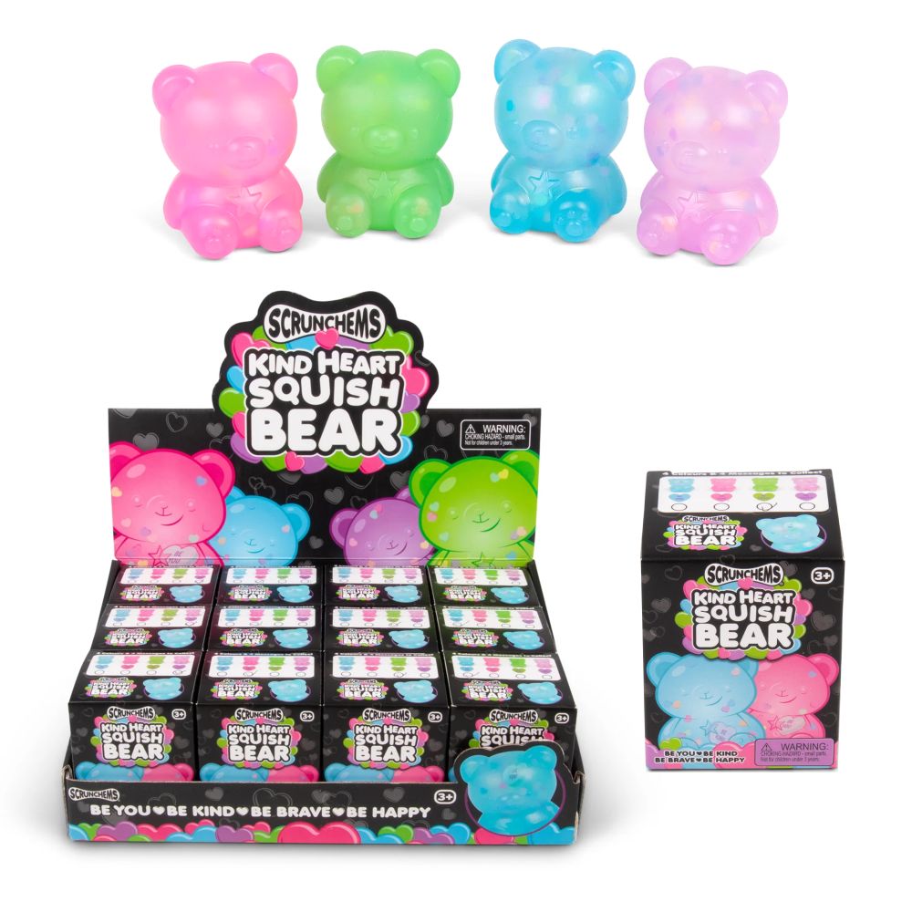 Colorful squishy bears with packaging displaying 'Scrunchems Kind Heart Squish Bear' on a white background.