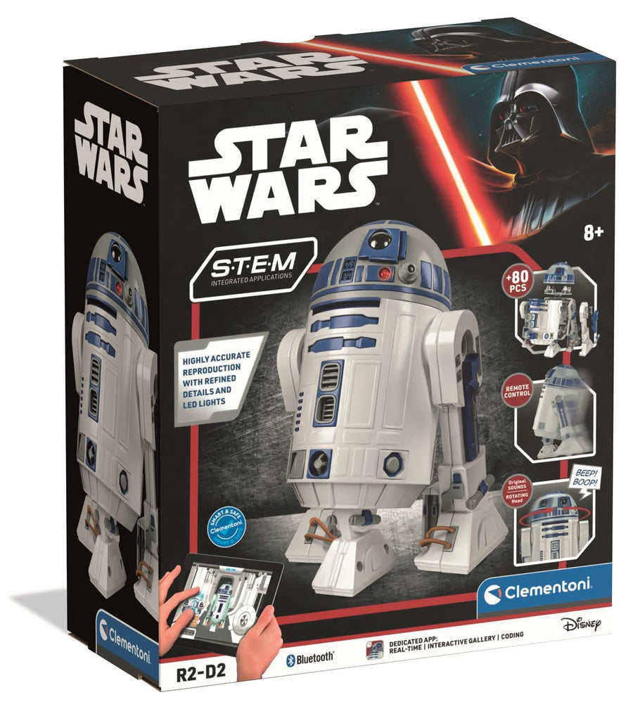 Clementoni Star Wars STEM R2-D2 buildable toy set in its retail packaging, featuring a large 3D model of R2-D2 on the box front with Darth Vader artwork and product feature callouts.
