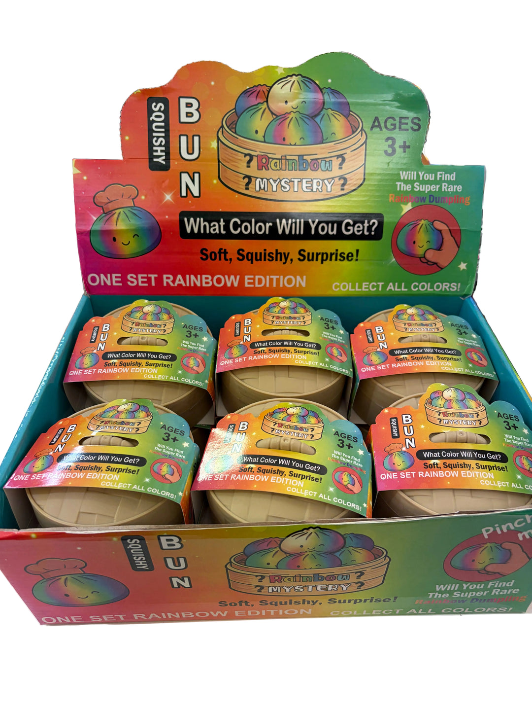 Display of rainbow-colored mystery bun toys in a store setting