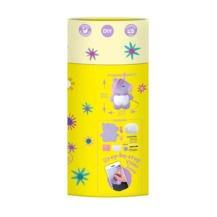Yellow craft kit packaging with cartoon character and step-by-step guide on a white background