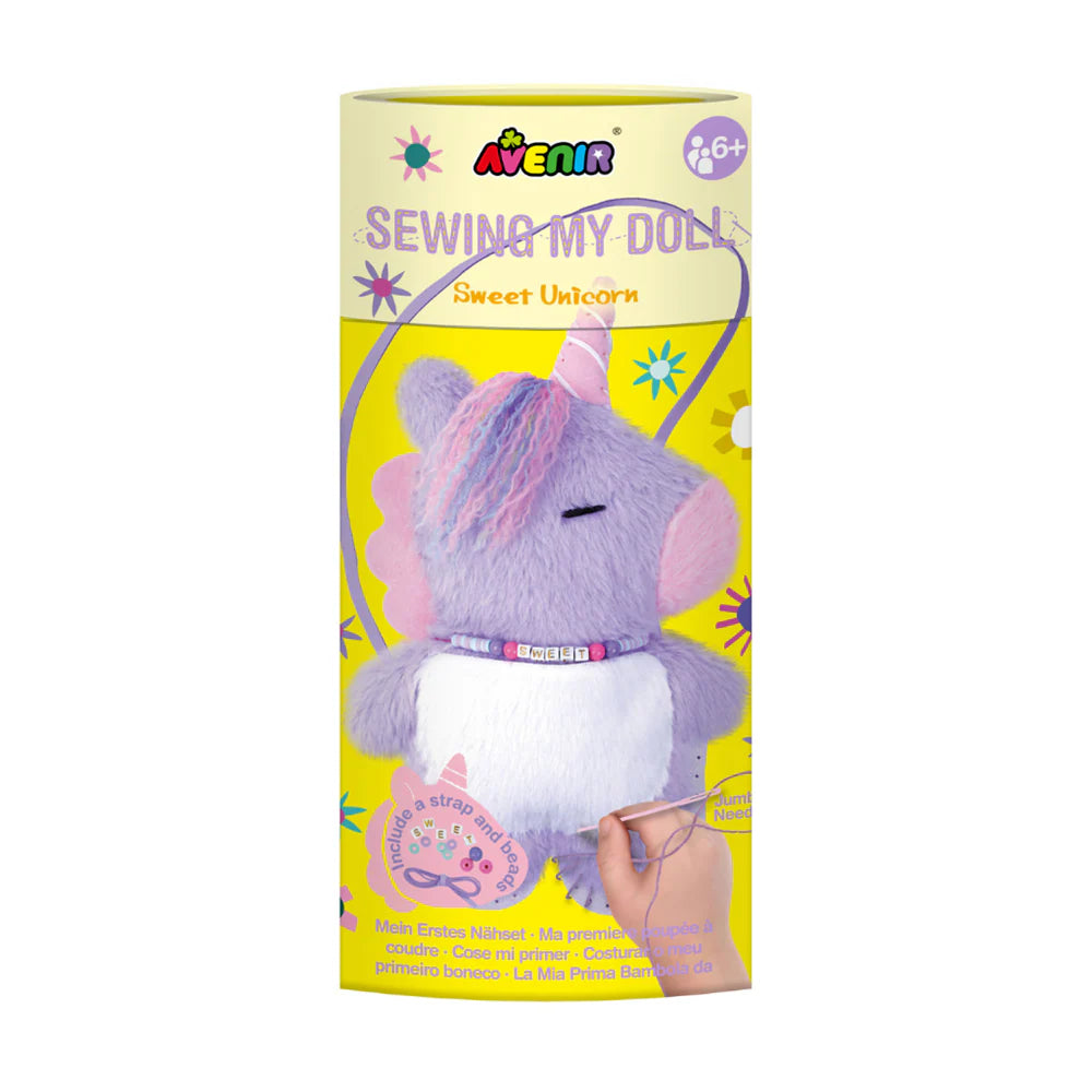 Avenir sewing toy set for children with a purple unicorn plush toy on a yellow box.