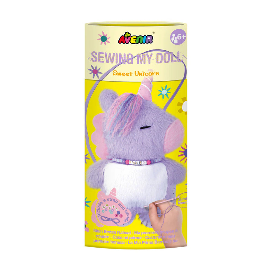 Avenir sewing toy set for children with a purple unicorn plush toy on a yellow box.