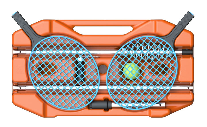 Two blue racquets with black handles in an orange carrying case on a white background