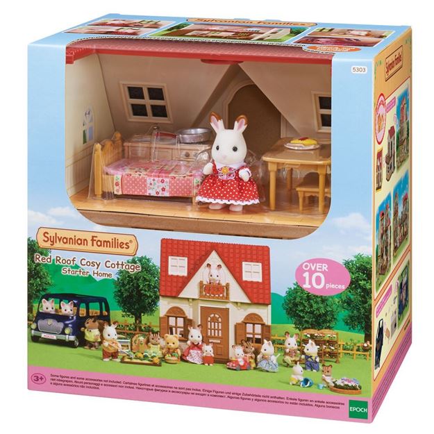 Sylvanian Families Red Roof Cozy Cottage toy set packaging with a rabbit figure and house illustration.
