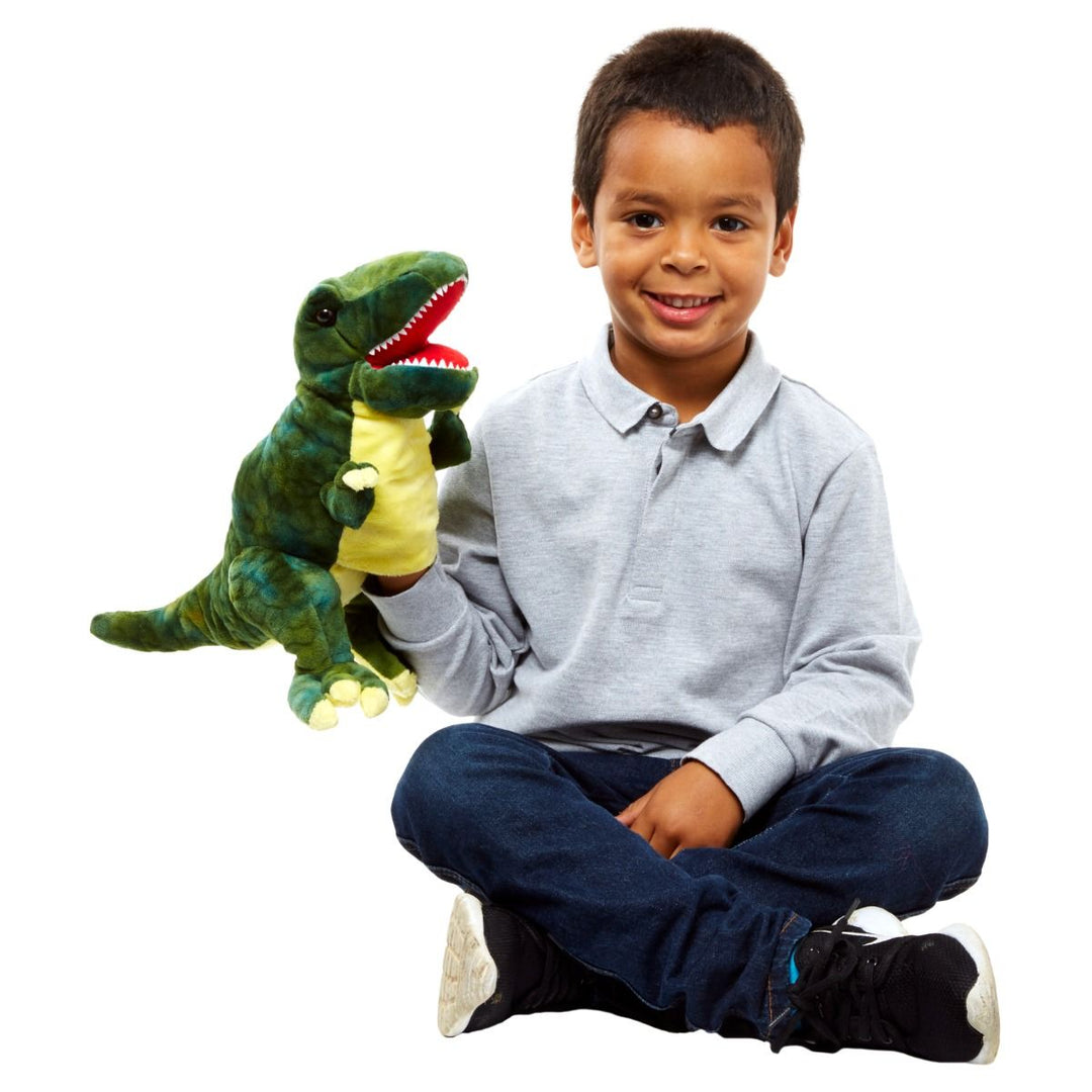 Child holding a green dinosaur hand puppet toy against a white background