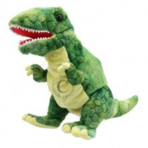 Green plush dinosaur hand puppet toy on a white background
