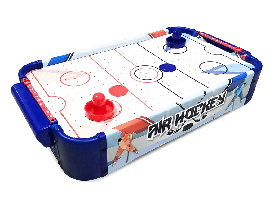 Air hockey table with red and blue pucks on a white background