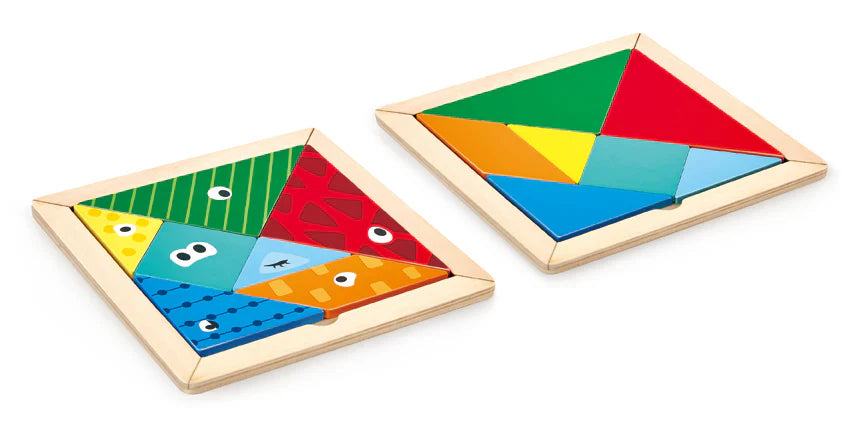 Two wooden tangram puzzles with colorful geometric pieces on a white background