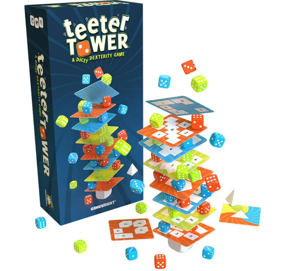Teeter Tower dice dexterity game with colorful dice and packaging on a white background