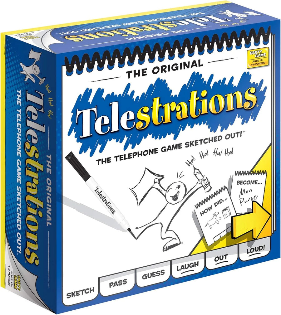 telestrations game on white background. Blue and yellow packaging