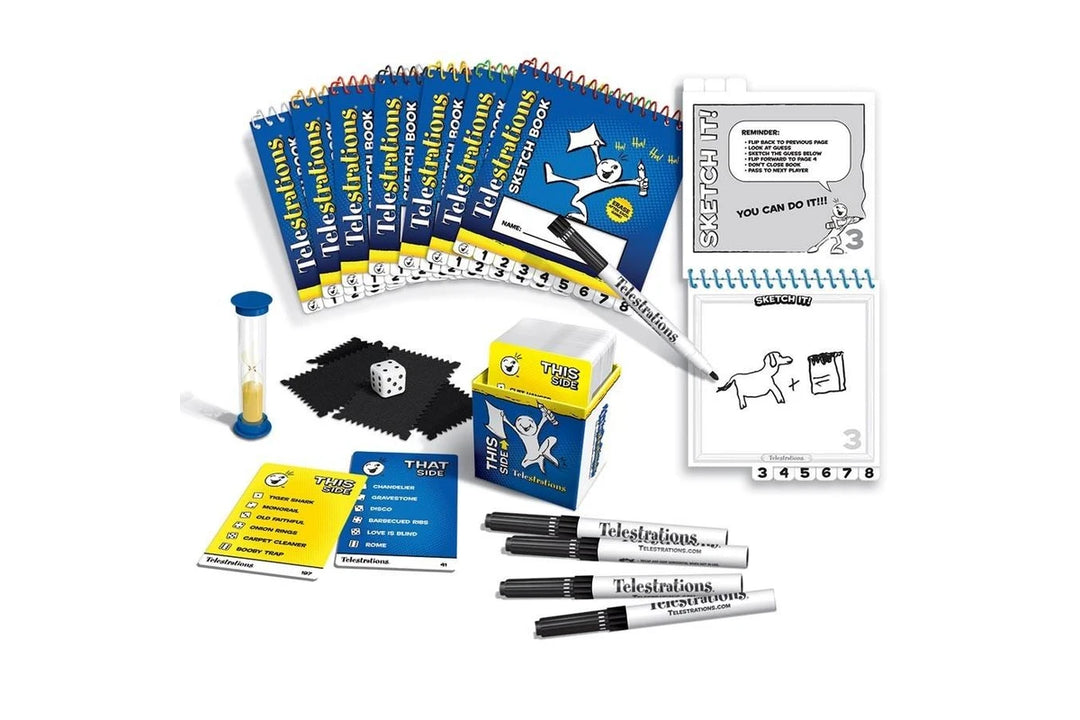 telestrations cards, markers, questions, and timer on a white background