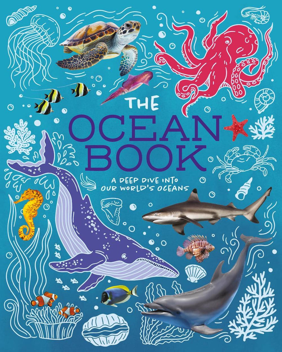 Book cover of 'The Ocean Book' with illustrations of sea creatures on a blue background