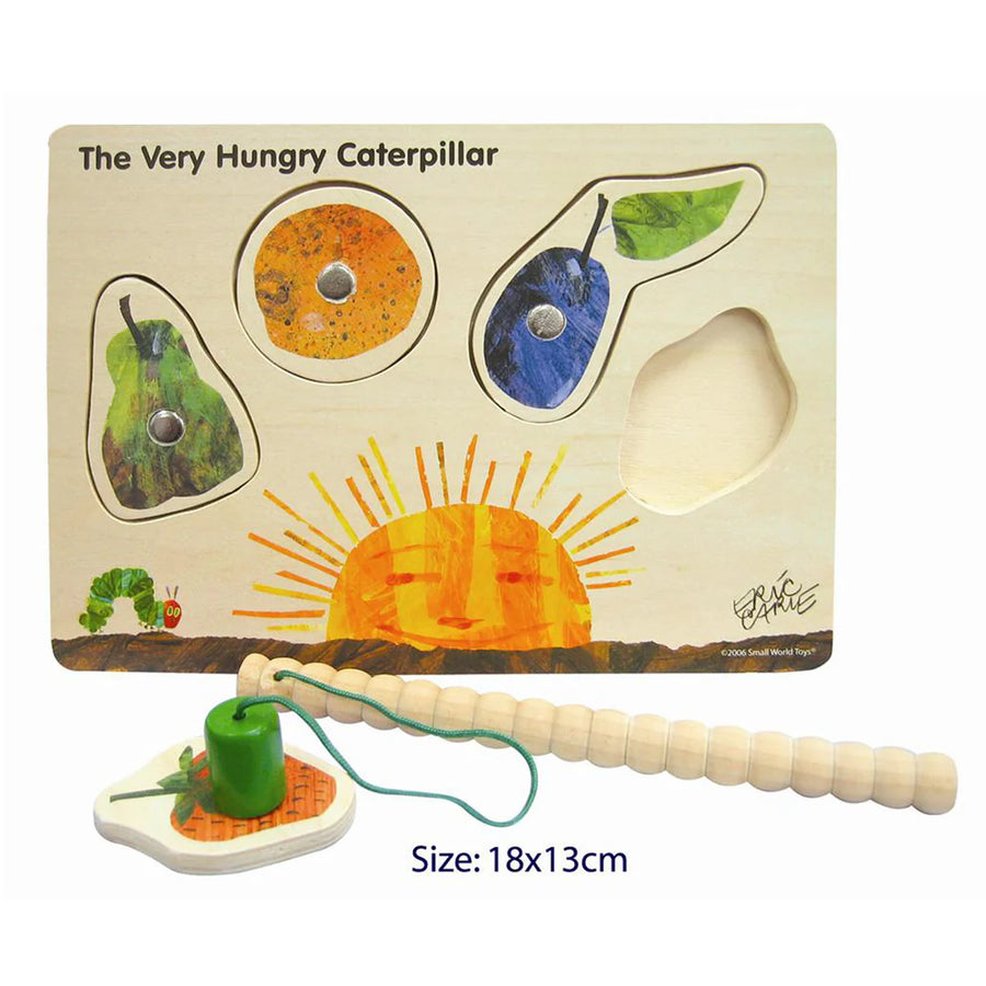 Wooden puzzle from 'The Very Hungry Caterpillar' with colorful pieces and a handle, on a white background.