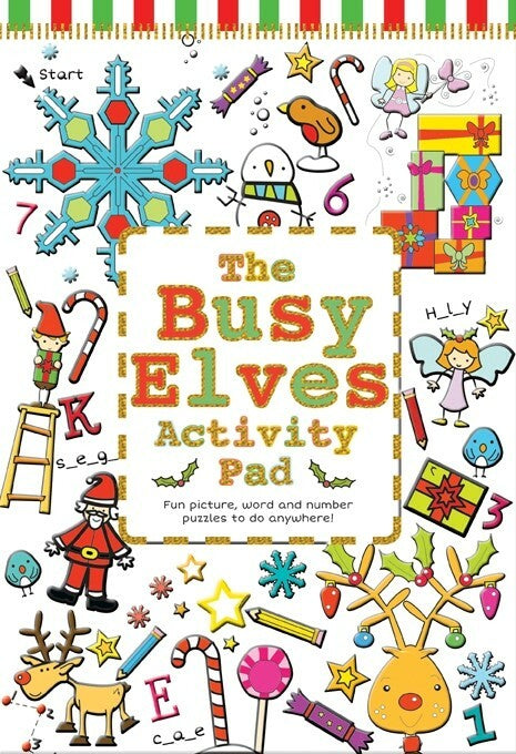 the busy elves activity pad cover with exemplar illustrations of snowmen, santa, and other christmas related items