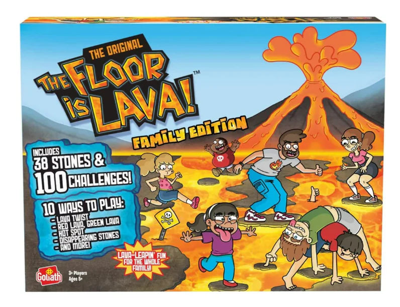 Board game box for 'The Floor is Lava!' with cartoon characters on a lava pit background.